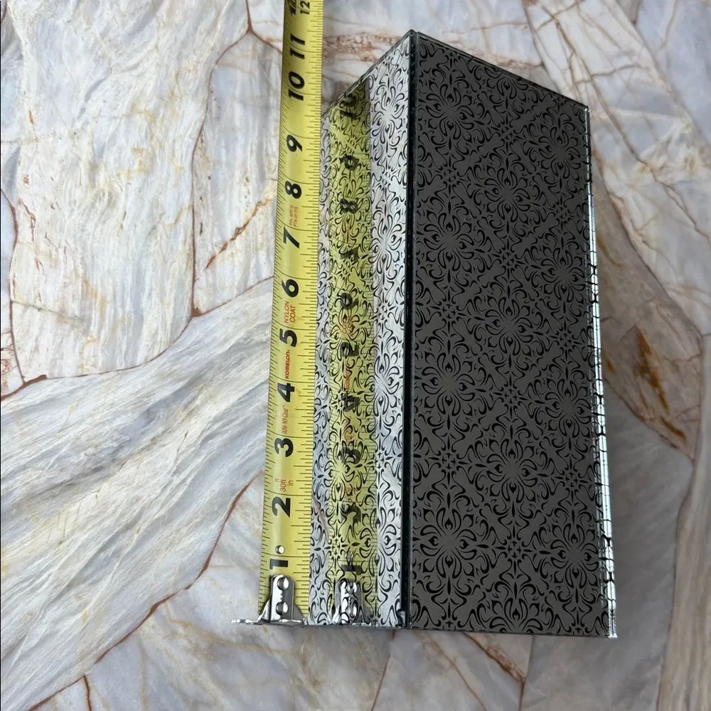 Mirrored Damask Filigree Glass Vase Rectangular Column Silver Black 10 Inch